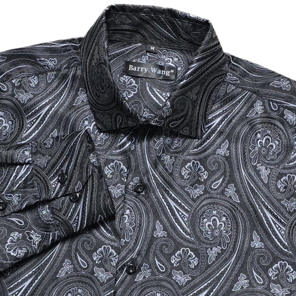 Barry Wang Shirt Mens M Silver Black Paisley Silk Jacquard Long Sleeve